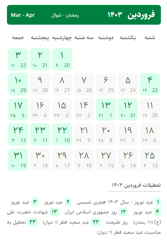 تقویم فروردین ۱۴۰۳ ، تعطیلات فروردین ۱۴۰۳